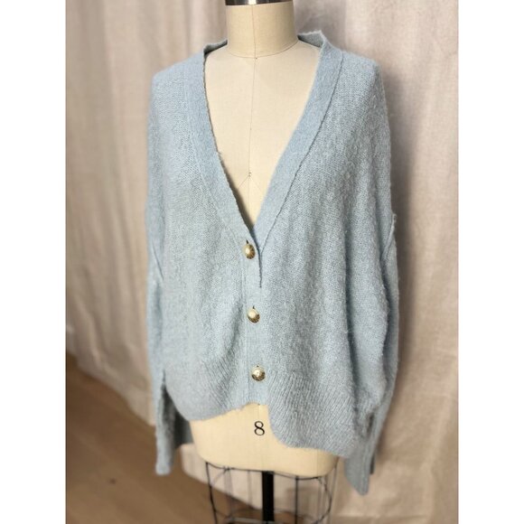 Free People Eclair Overized Slouchy Cropped Cardigan Sz M Blue Haze Alpaca - Picture 3 of 10